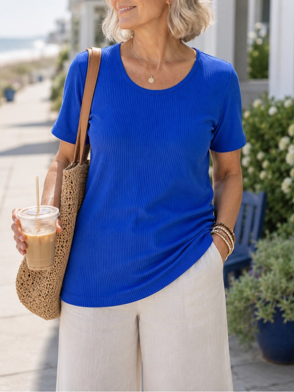 Alia Cobalt Blue Ribbed Knit Tee Size L Short Sleeve Stretch Casual Top